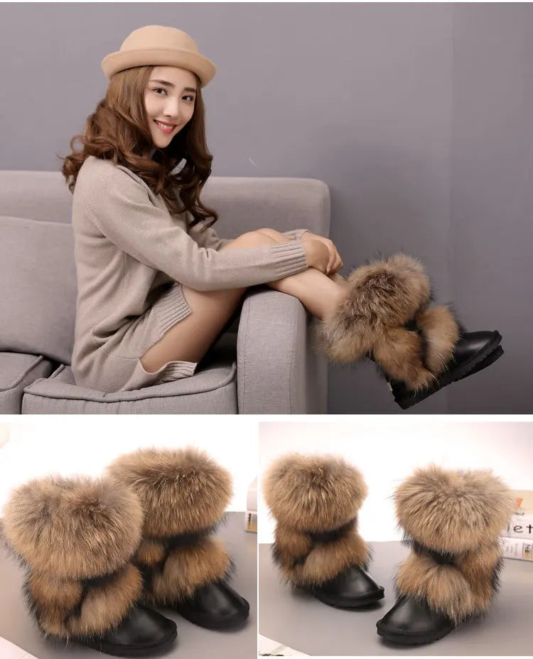 New Arrival 2025 Non-slip Fox Fur Woman Winter Snow Boots Women's Shoes Genuine Leather Natural Women's Snow Boots Thick Plush