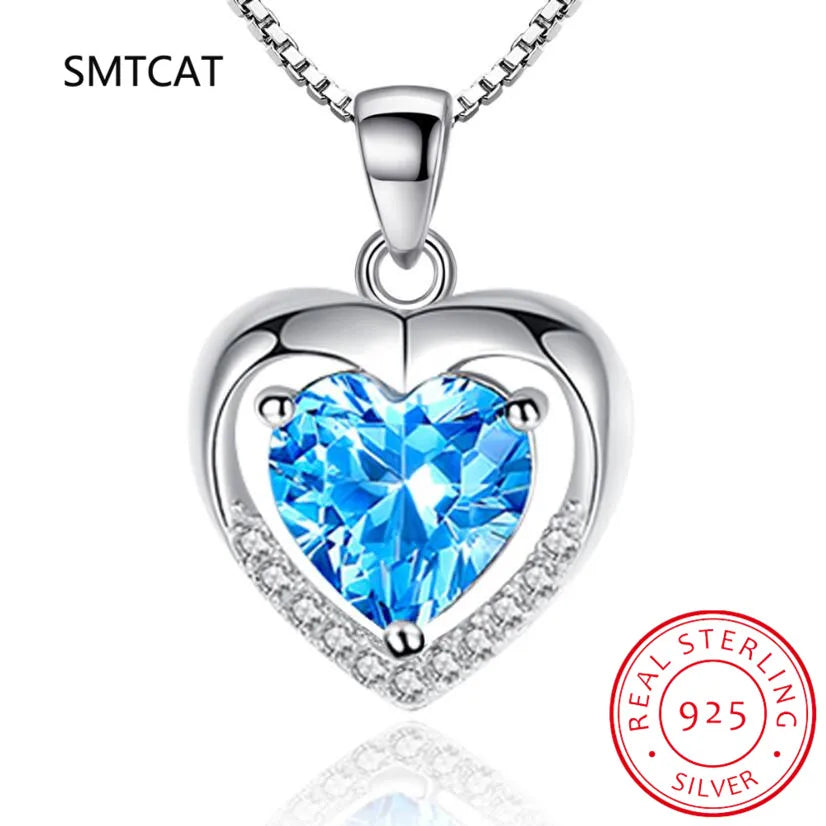 Natural Blue Topaz 925 Sterling Silver Gemstone Romantic Heart Pendant Necklace for Women Fine Jewelry Collares de Prata