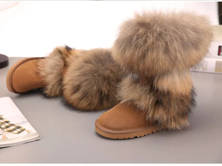 New Arrival 2025 Non-slip Fox Fur Woman Winter Snow Boots Women's Shoes Genuine Leather Natural Women's Snow Boots Thick Plush