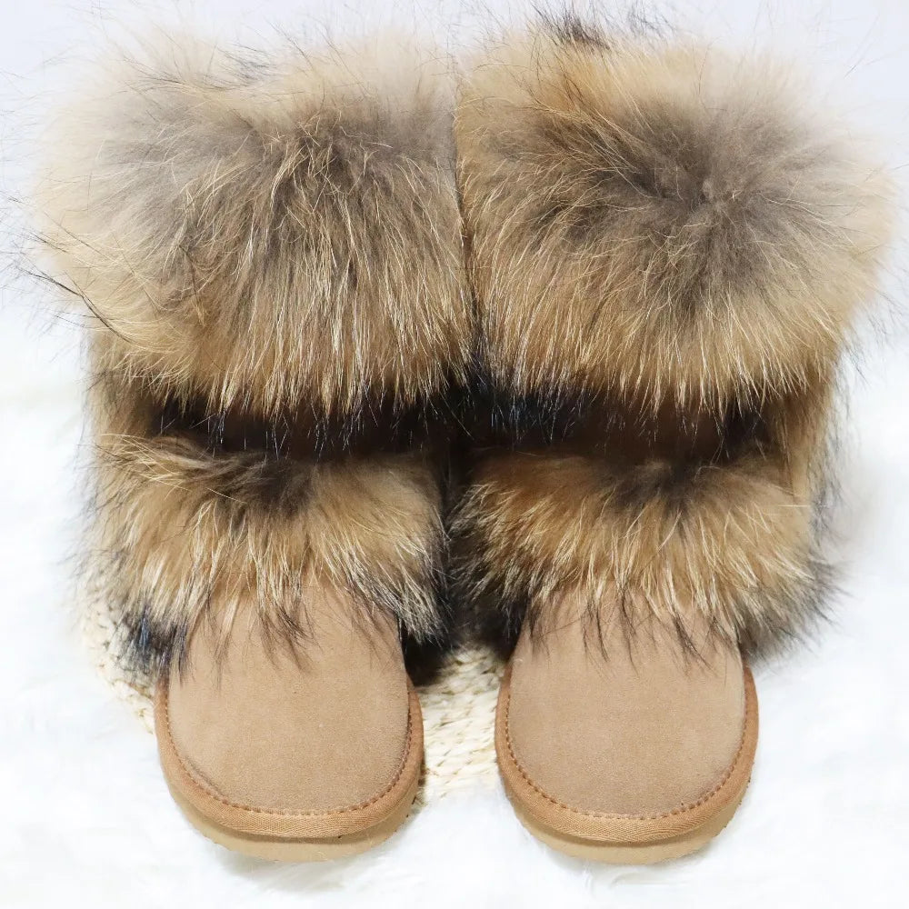 New Arrival 2025 Non-slip Fox Fur Woman Winter Snow Boots Women's Shoes Genuine Leather Natural Women's Snow Boots Thick Plush