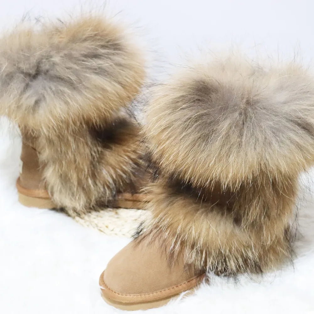 New Arrival 2025 Non-slip Fox Fur Woman Winter Snow Boots Women's Shoes Genuine Leather Natural Women's Snow Boots Thick Plush