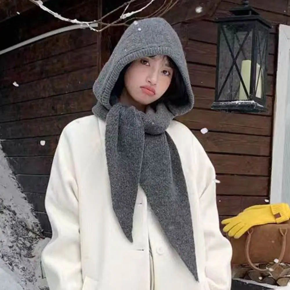 Knitted Winter Balaclava One-Piece Hooded Hat Ear Protection Cap Winter Accessories Thickened Neck Collar Unisex Wear
