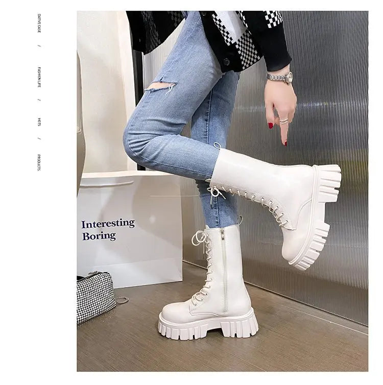 Winter Boots Female 2025 New British Womens Shoes Thick Bottom Mid-calf Single Boots Thick Heeled Casual Ankle Boots for Women