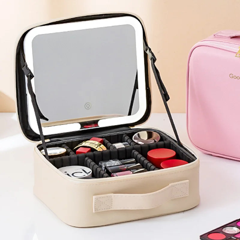 New LED illuminated makeup bag with mirror case, large capacity, high-end feel, portable and handheld