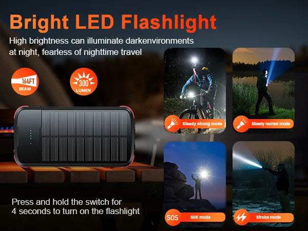 40000mAh Solar Power Bank With Cable Portable Charging Poverbank External Battery Charger Strong Flashlight  for All Smartphones