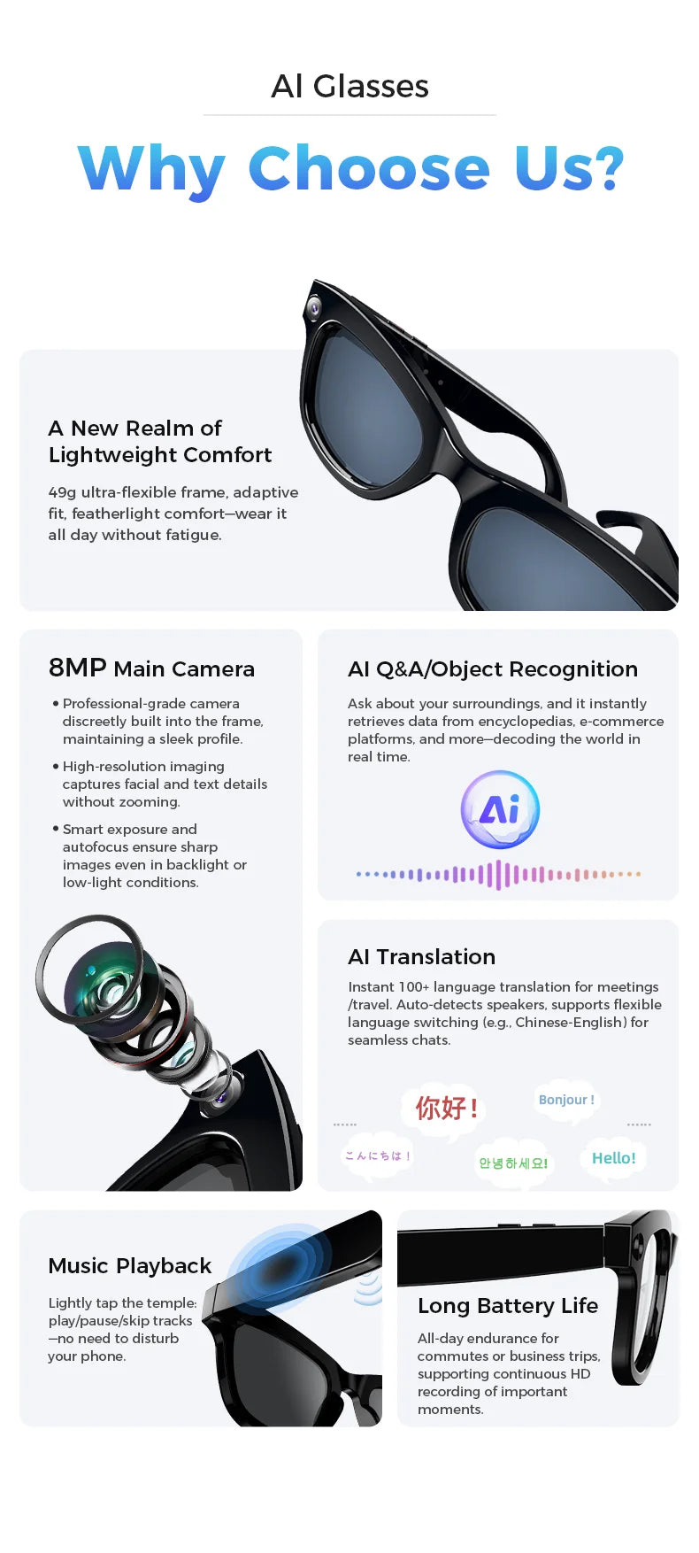 Ai Smart Glasses With 800w High-definition Camera, 4G Memory,Bluetooth Headphones,call,Music,Photo Shooting,Video Recording