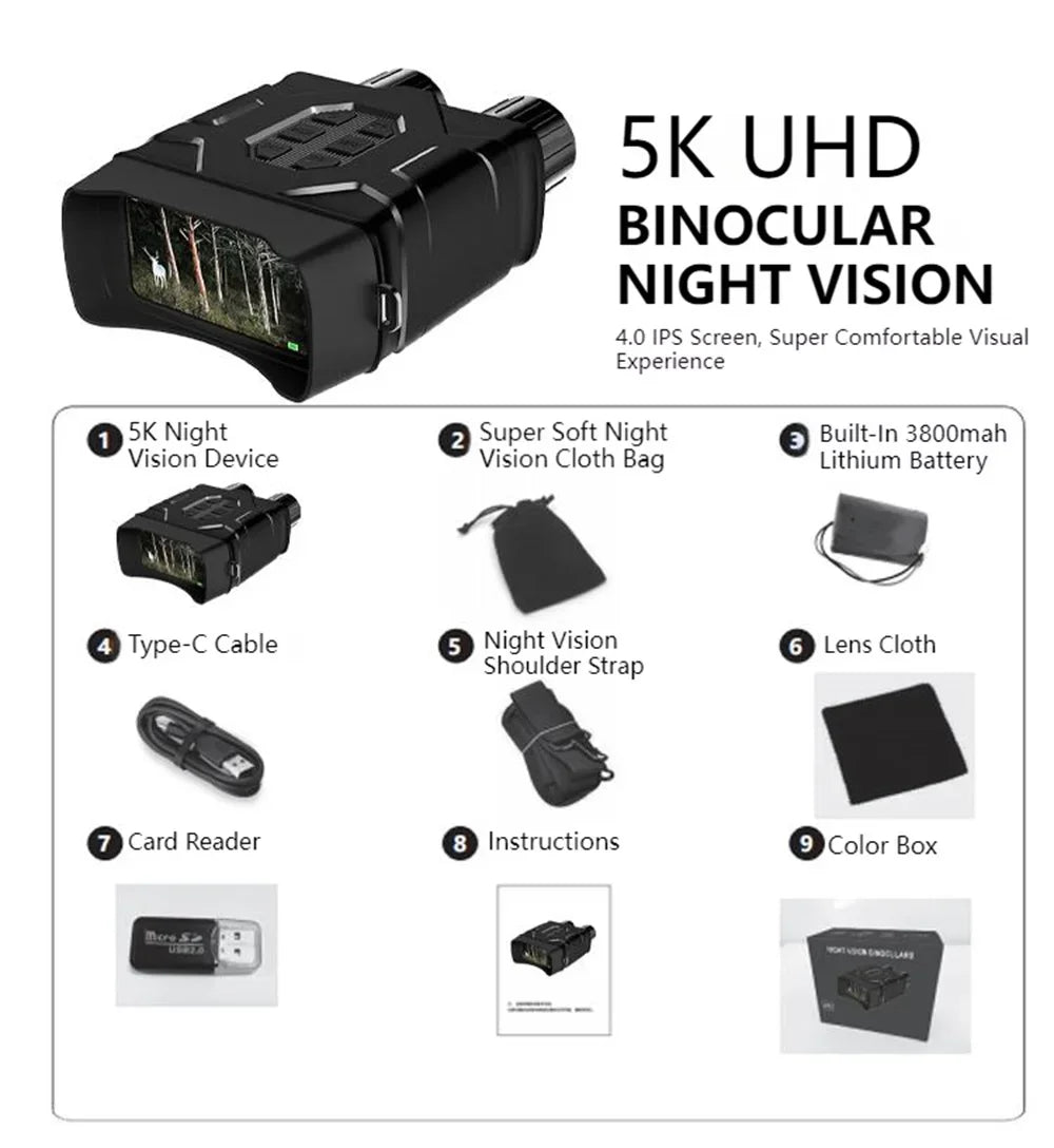 NV016 WiFi Binoculars 5K UHD Night Vision 4Inch Screen 52MP 10X Digital Zoom Low/No Light Vision Telescope for Hunting Camping