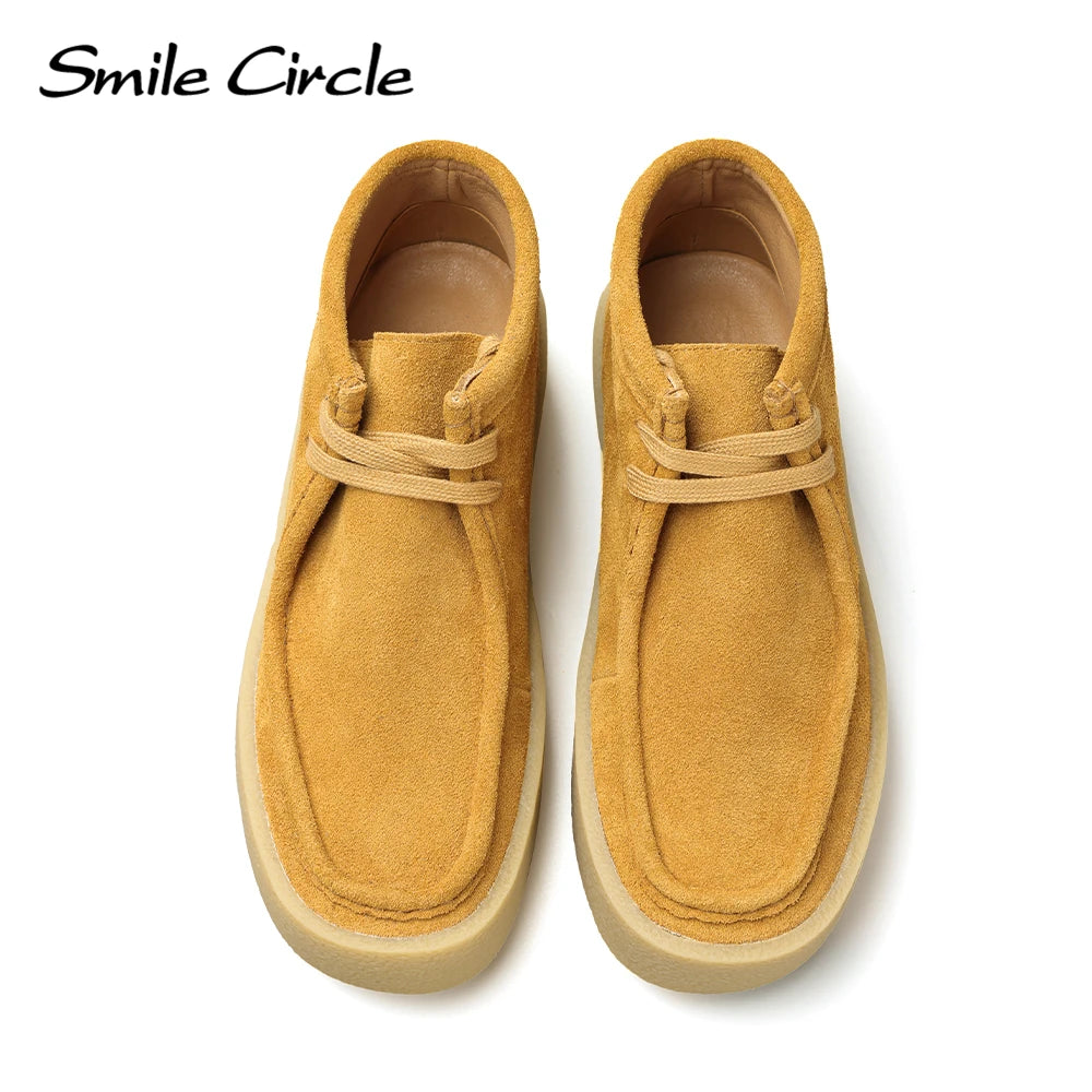 Smile Circle Wallabee Cup Cow Suede Leather Shoes Women Lace up Ankle Boots Thick Bottom Comfortable Flat Casual Sho
