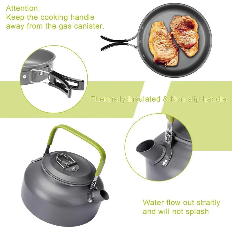 Camping Cookware Kit Outdoor Aluminum Cooking Set Water Kettle Pan Pot Travelling Hiking Picnic BBQ Tableware Equipment