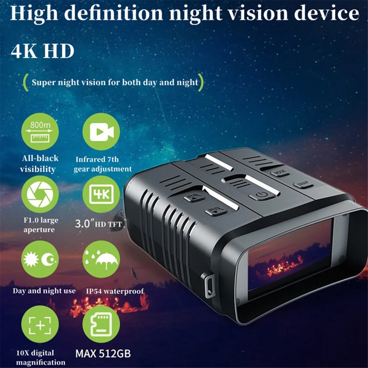 A04I N009 4K HD Binoculars Night Vision Infrared 2160P HD Outdoor Camping Hunting Night Vision Goggle Day Night Dual Use 800M