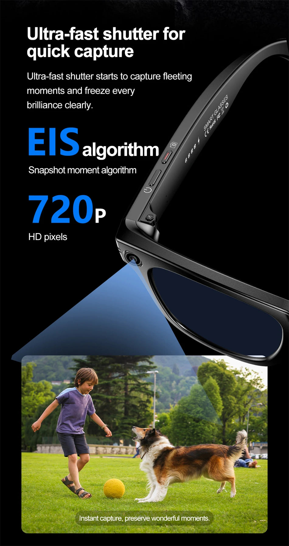 AI Smart Glasses with HD Camera for Photos Videos Hands-Free Vlog Recording Camera Glasses Audio for Driving Outdoor Sunglasses