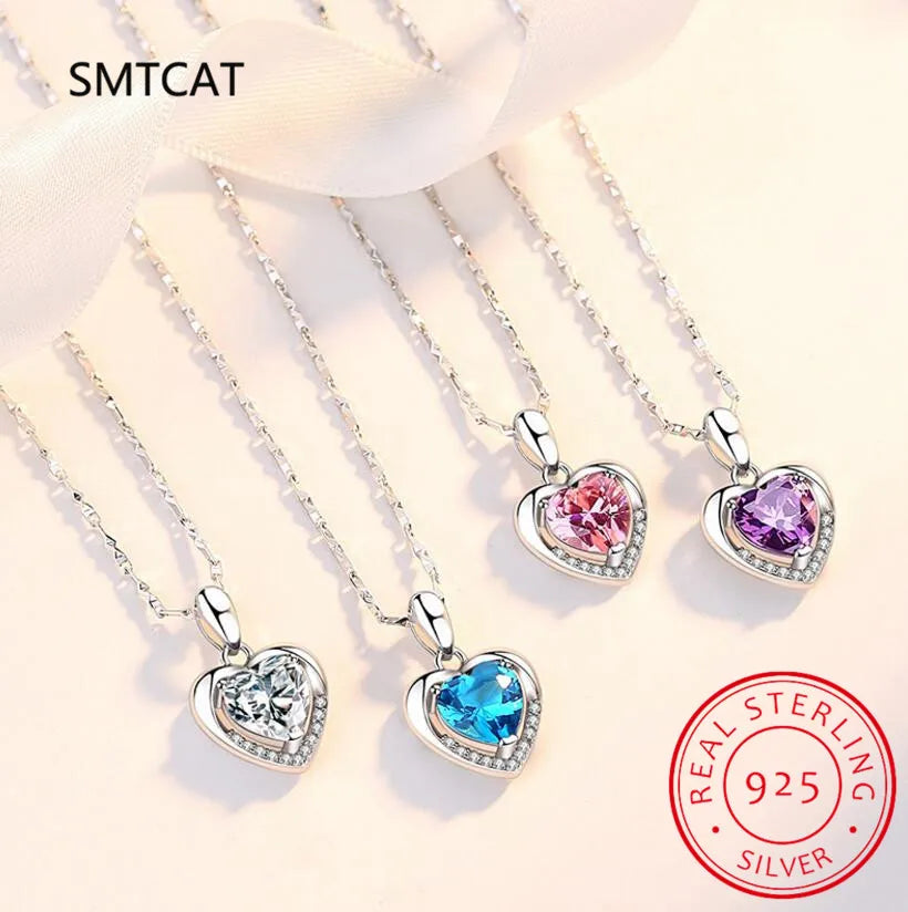 Natural Blue Topaz 925 Sterling Silver Gemstone Romantic Heart Pendant Necklace for Women Fine Jewelry Collares de Prata