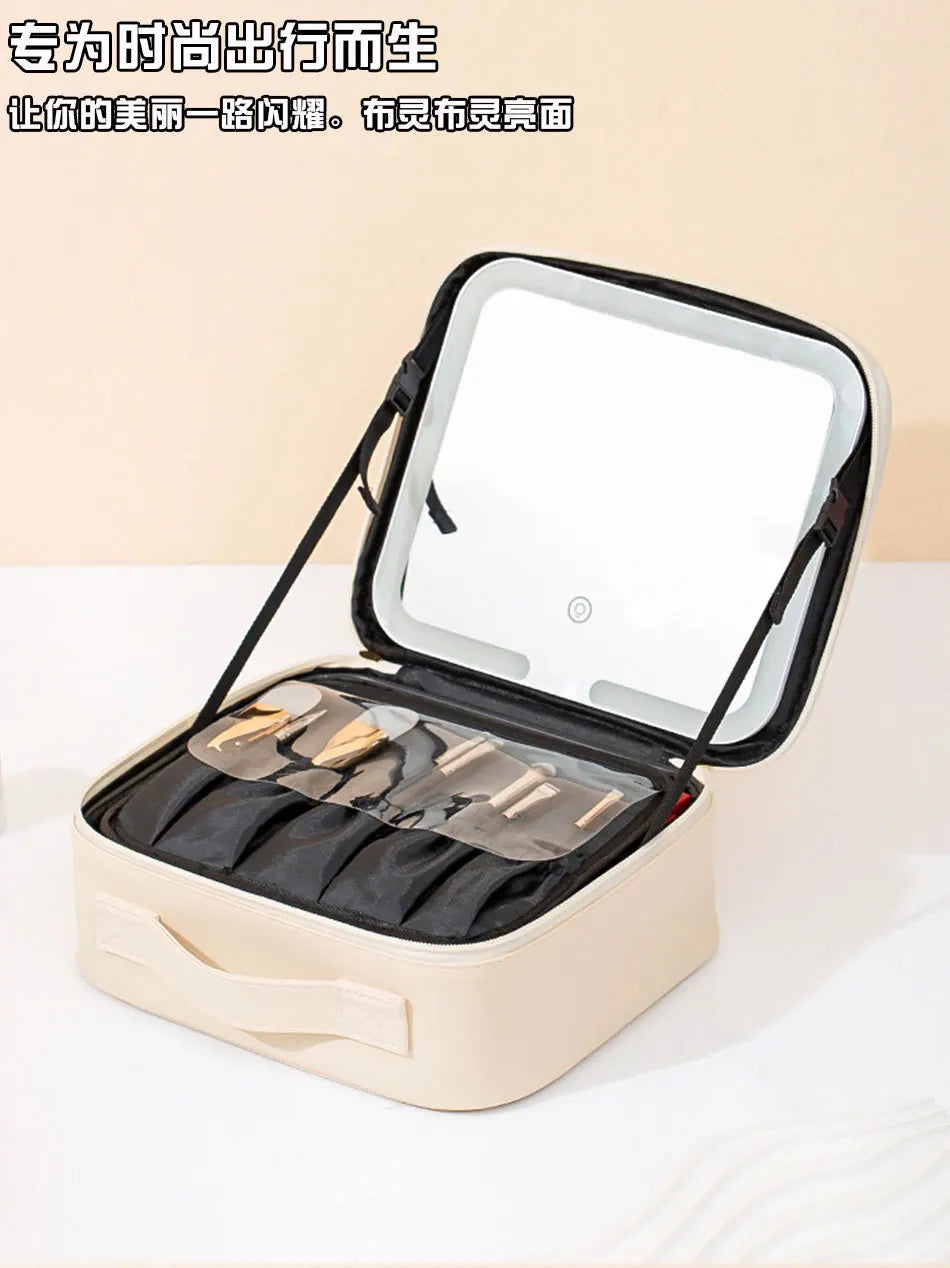 New LED illuminated makeup bag with mirror case, large capacity, high-end feel, portable and handheld