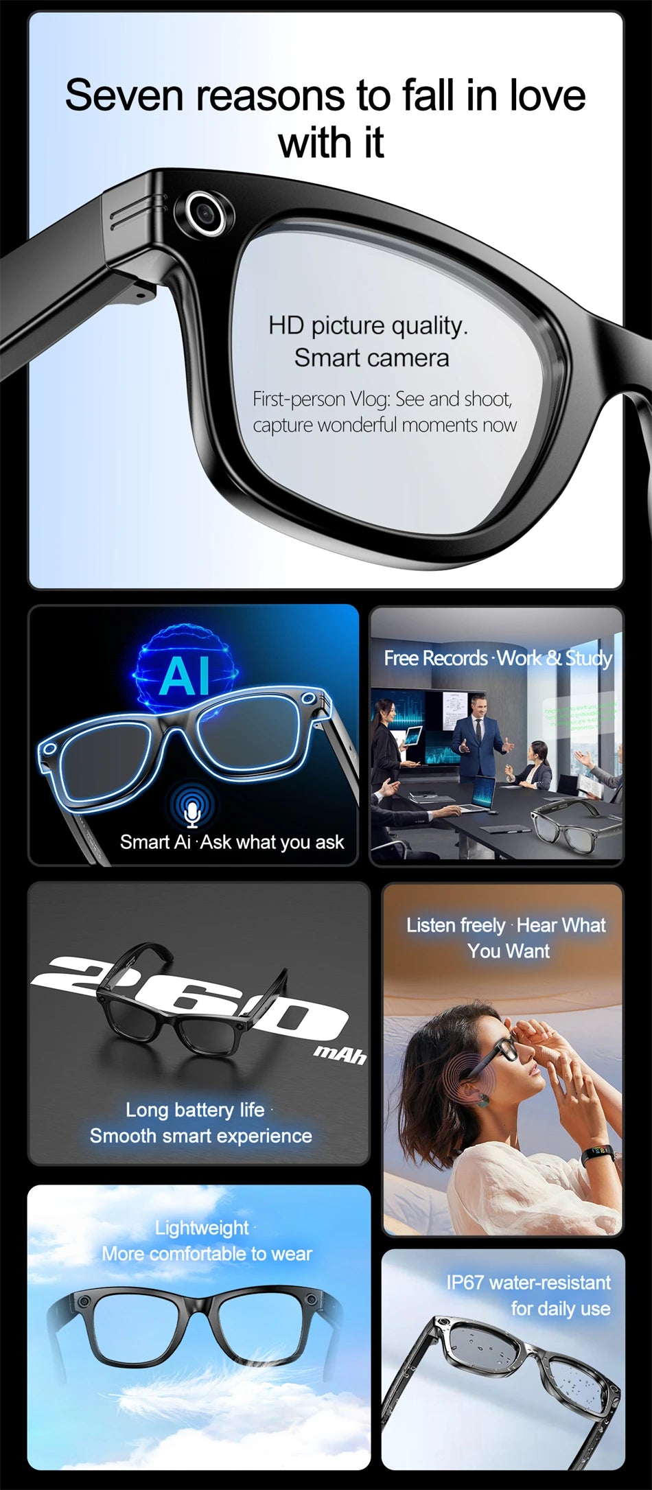 AI Smart Glasses with HD Camera for Photos Videos Hands-Free Vlog Recording Camera Glasses Audio for Driving Outdoor Sunglasses