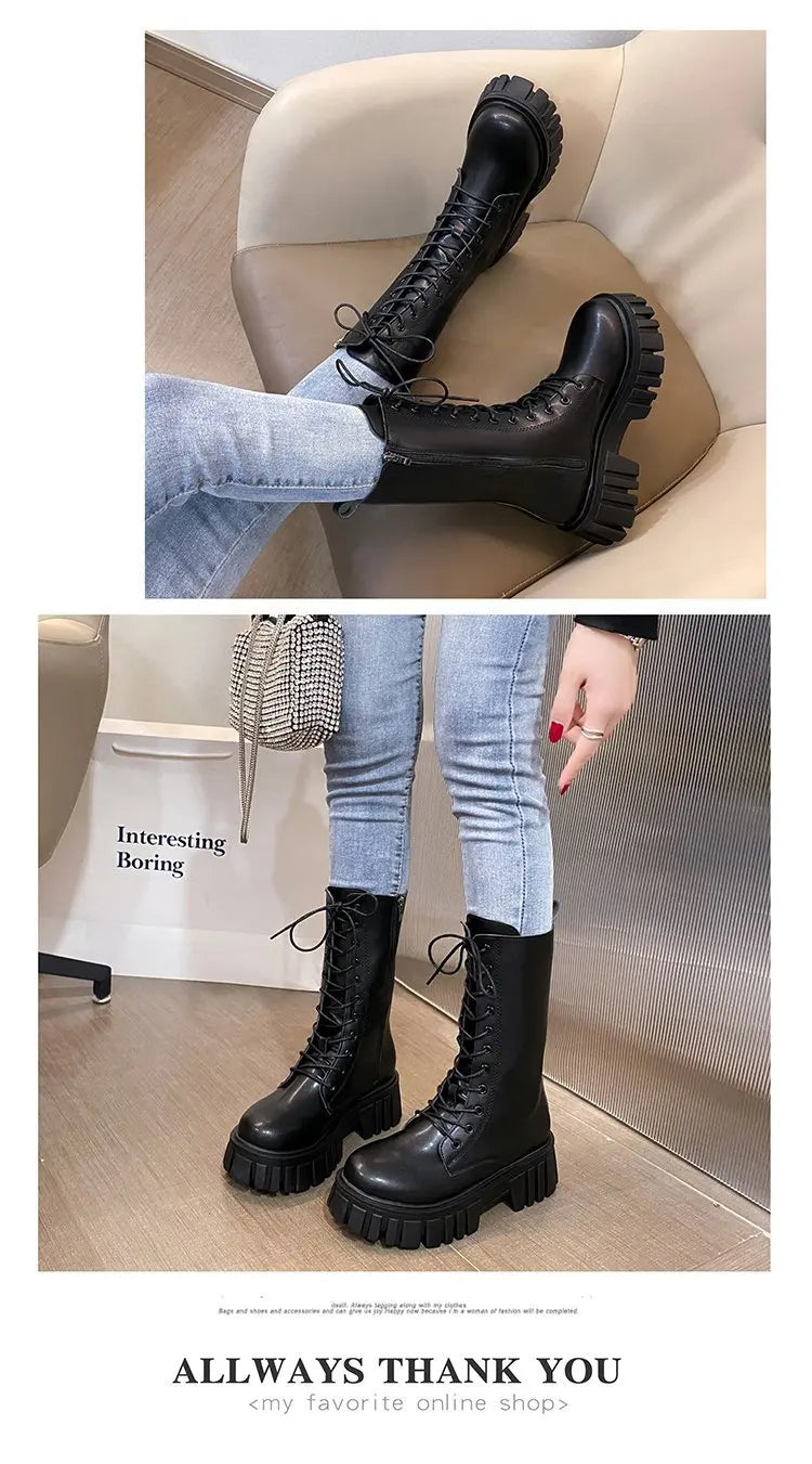 Winter Boots Female 2025 New British Womens Shoes Thick Bottom Mid-calf Single Boots Thick Heeled Casual Ankle Boots for Women