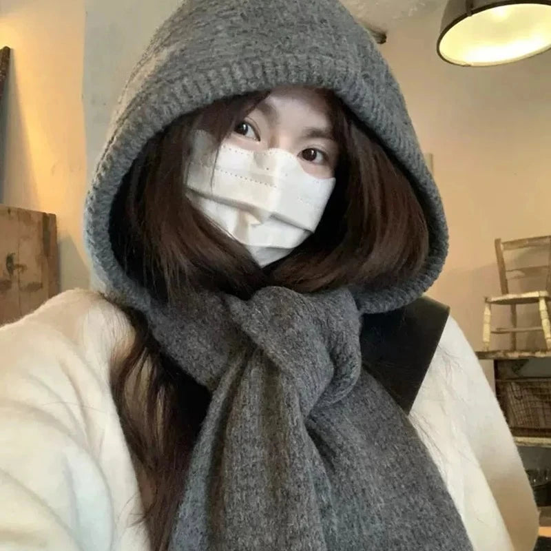 winter warm Balaclava Bonnet Women Beanies Hat Scarf One-piece Thickened Warm Neck Protection Winter Outdoor Thermal Scarf Hood