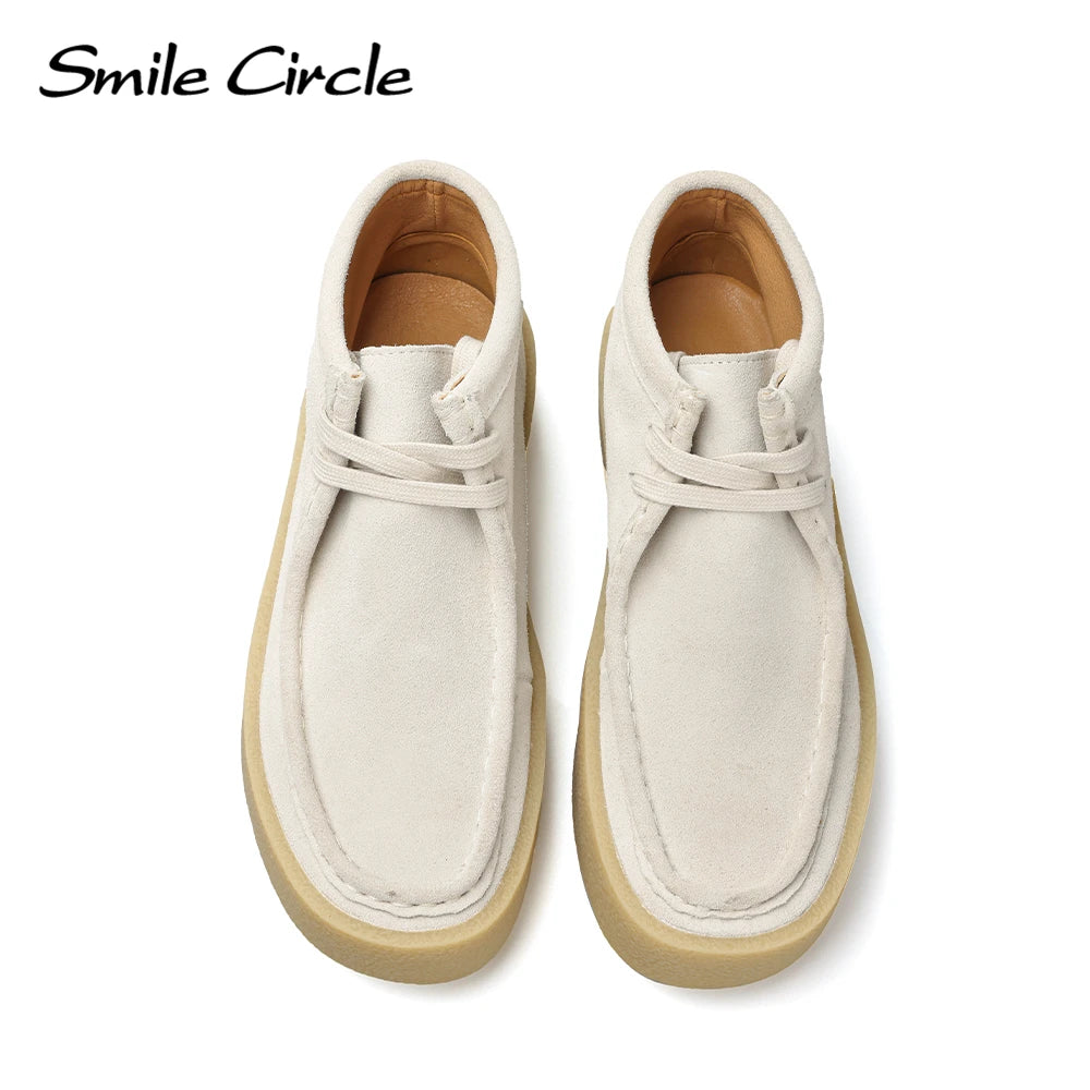 Smile Circle Wallabee Cup Cow Suede Leather Shoes Women Lace up Ankle Boots Thick Bottom Comfortable Flat Casual Sho