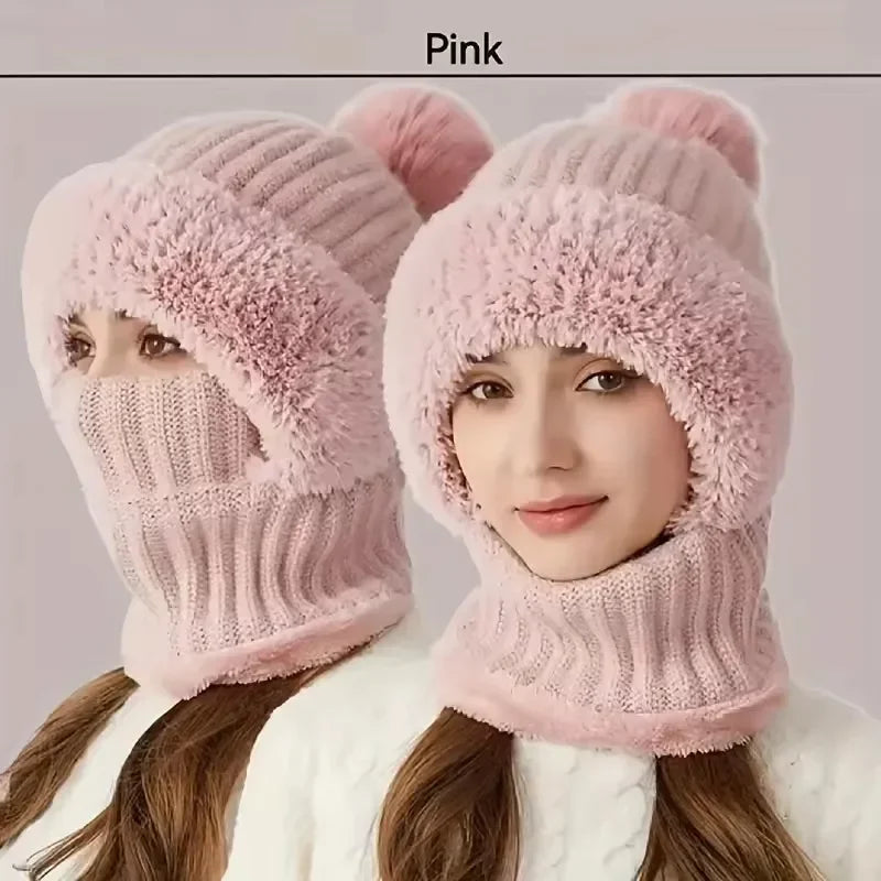Winter Warm Balaclava Hat Thermal Knitting Plush Face Mask Hooded Neck Warmer for Outdoor Hike Cycling Cold-proof Cap