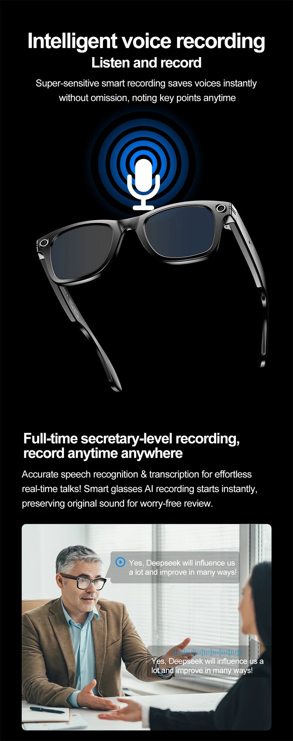 AI Smart Glasses with HD Camera for Photos Videos Hands-Free Vlog Recording Camera Glasses Audio for Driving Outdoor Sunglasses
