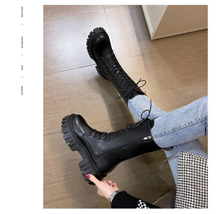 Winter Boots Female 2025 New British Womens Shoes Thick Bottom Mid-calf Single Boots Thick Heeled Casual Ankle Boots for Women