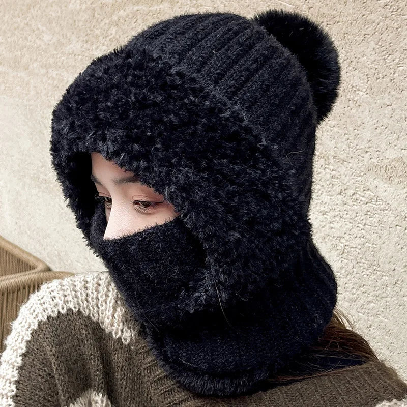Winter Warm Balaclava Hat Thermal Knitting Plush Face Mask Hooded Neck Warmer for Outdoor Hike Cycling Cold-proof Cap