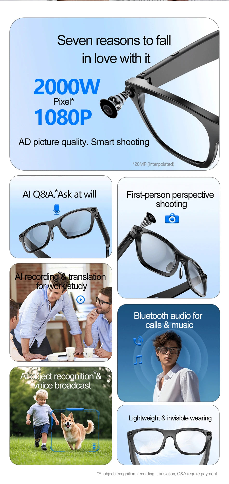 New AI Smart Glasses 500W Camera 1080P Video Smart Glasses with Camera Bluetooth Glasses Anti-Blue Light Glasses Everyday Wear