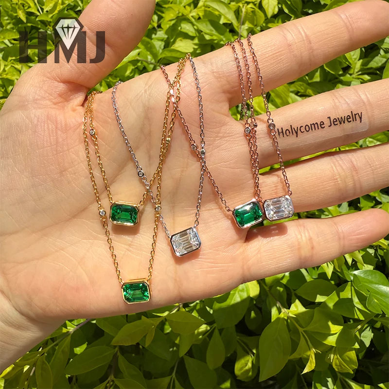 Lab Grown Dimaond and Lab Emerald Necklace for Women Solid 18K 14K 10K 925 Sliver Yellow Gold Emerald Pendant for Anniversary