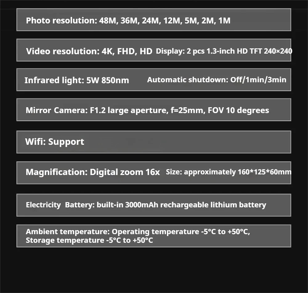 NVC800 Head-Mounted Infrared Night Vision Binoculars 4K UHD WIFI Digital Telescope Camera for Hunting Camping with 16X Zoom 48MP