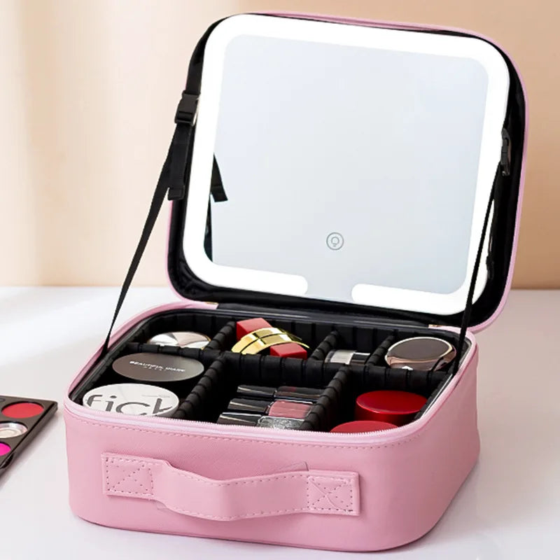New LED illuminated makeup bag with mirror case, large capacity, high-end feel, portable and handheld