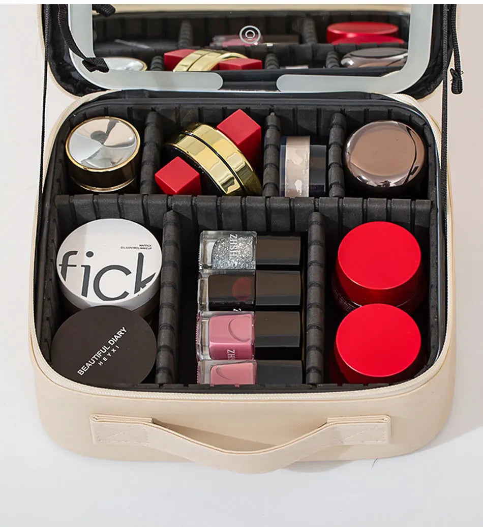 New LED illuminated makeup bag with mirror case, large capacity, high-end feel, portable and handheld