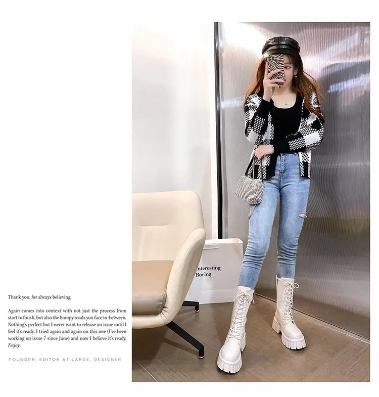 Winter Boots Female 2025 New British Womens Shoes Thick Bottom Mid-calf Single Boots Thick Heeled Casual Ankle Boots for Women