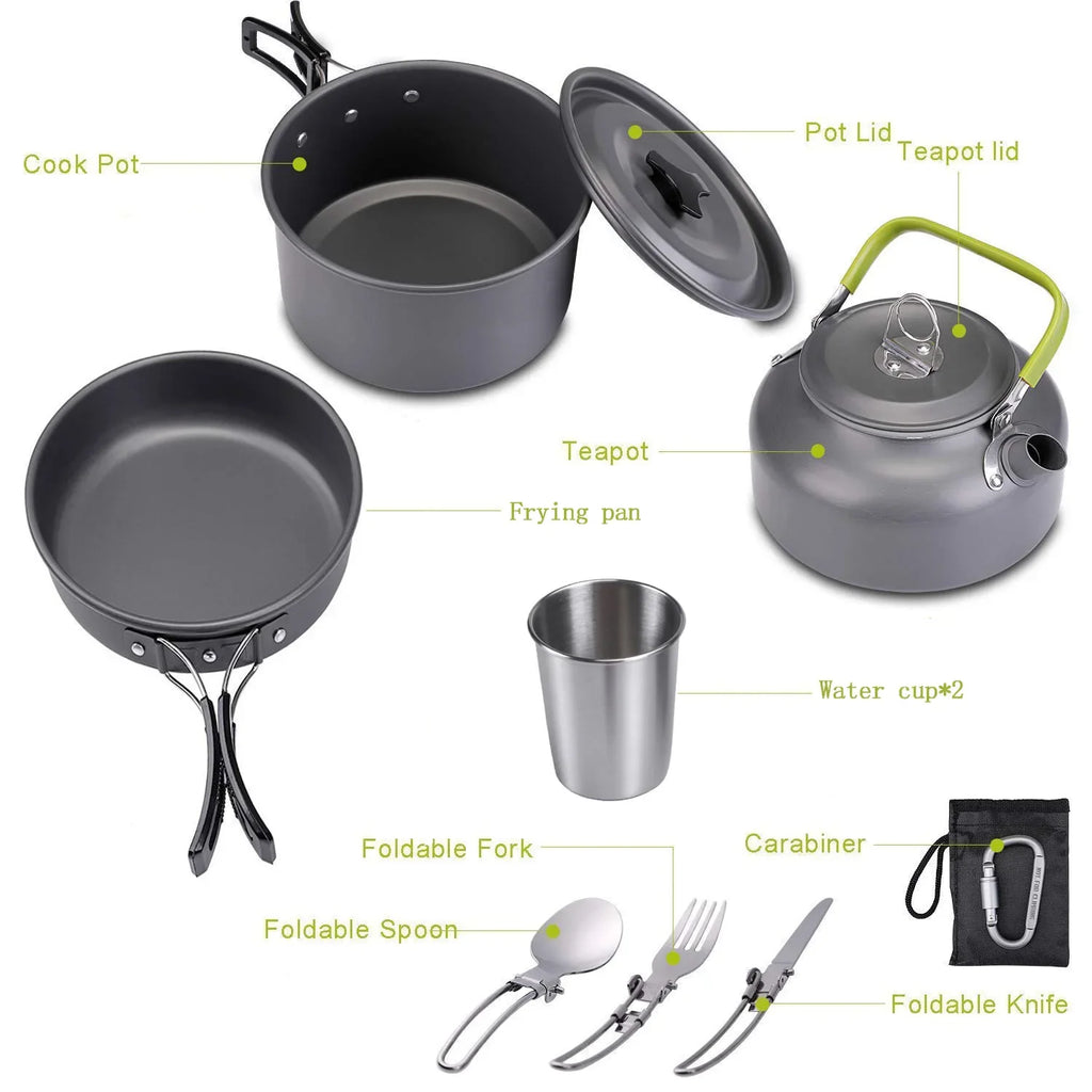 Camping Cookware Kit Outdoor Aluminum Cooking Set Water Kettle Pan Pot Travelling Hiking Picnic BBQ Tableware Equipment