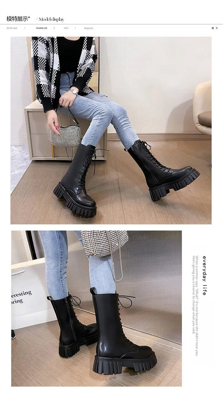 Winter Boots Female 2025 New British Womens Shoes Thick Bottom Mid-calf Single Boots Thick Heeled Casual Ankle Boots for Women