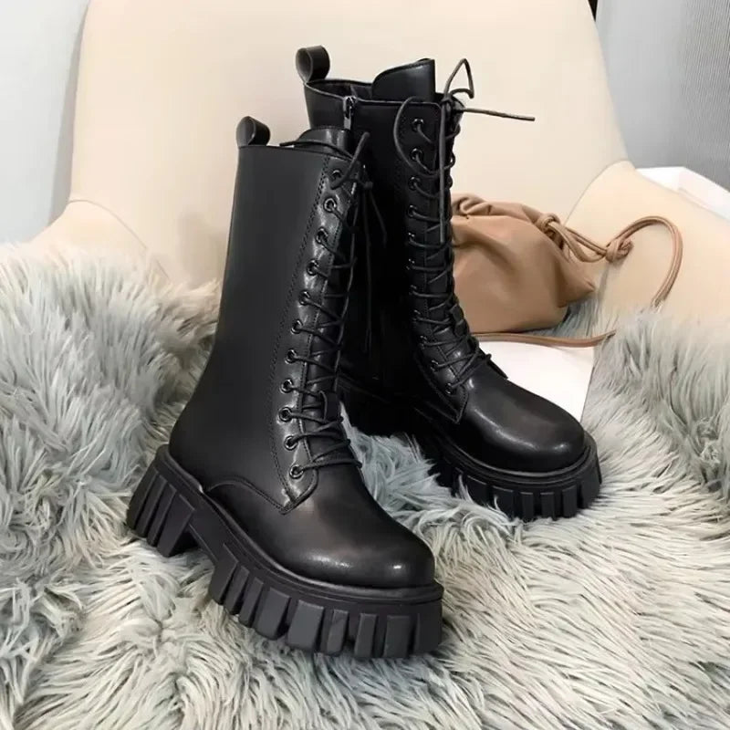 Winter Boots Female 2025 New British Womens Shoes Thick Bottom Mid-calf Single Boots Thick Heeled Casual Ankle Boots for Women