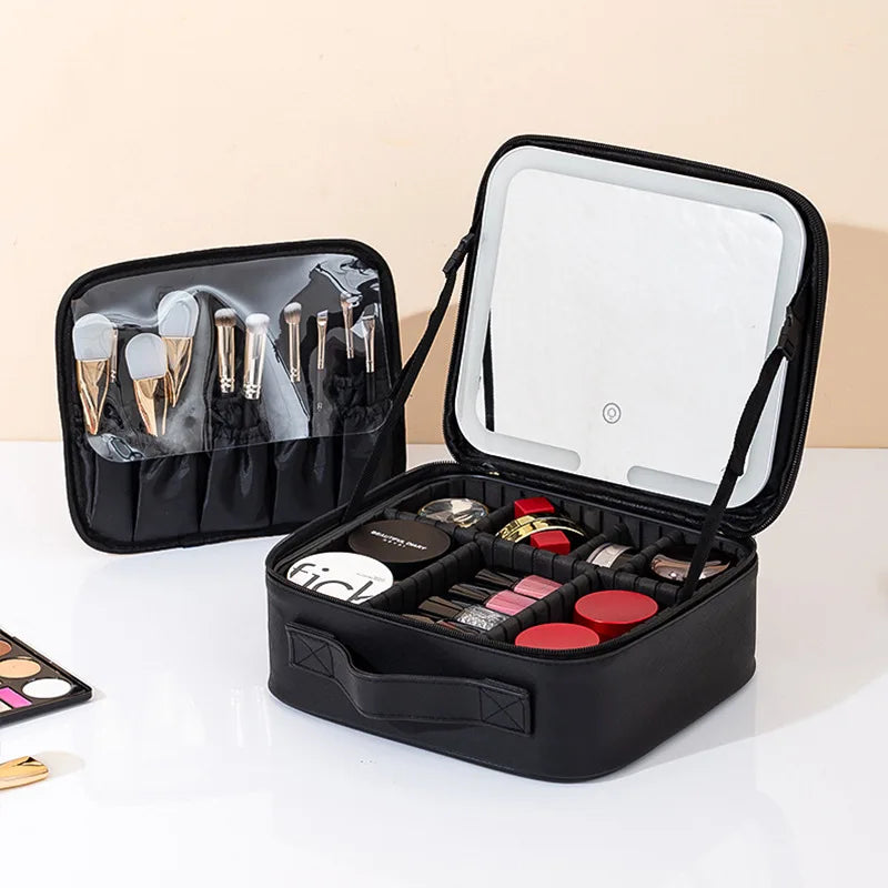 New LED illuminated makeup bag with mirror case, large capacity, high-end feel, portable and handheld