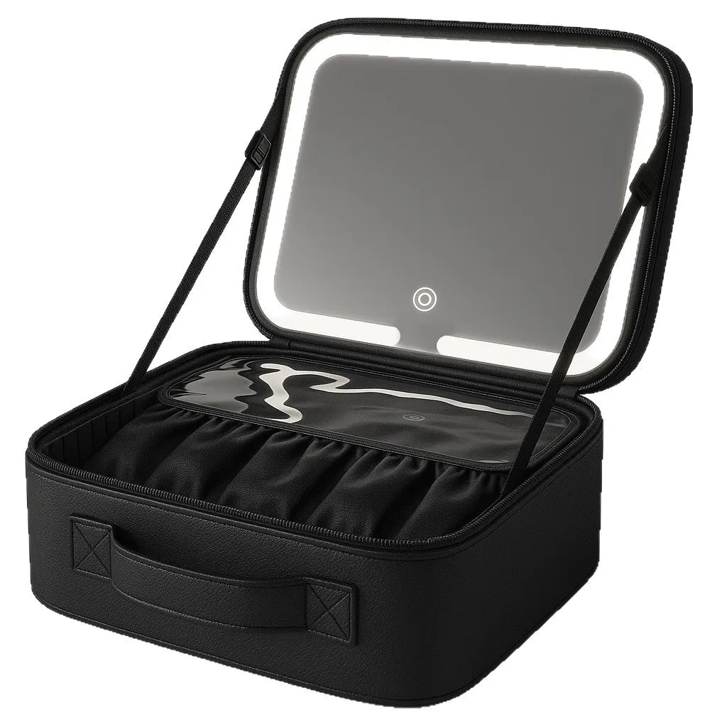 New LED illuminated makeup bag with mirror case, large capacity, high-end feel, portable and handheld