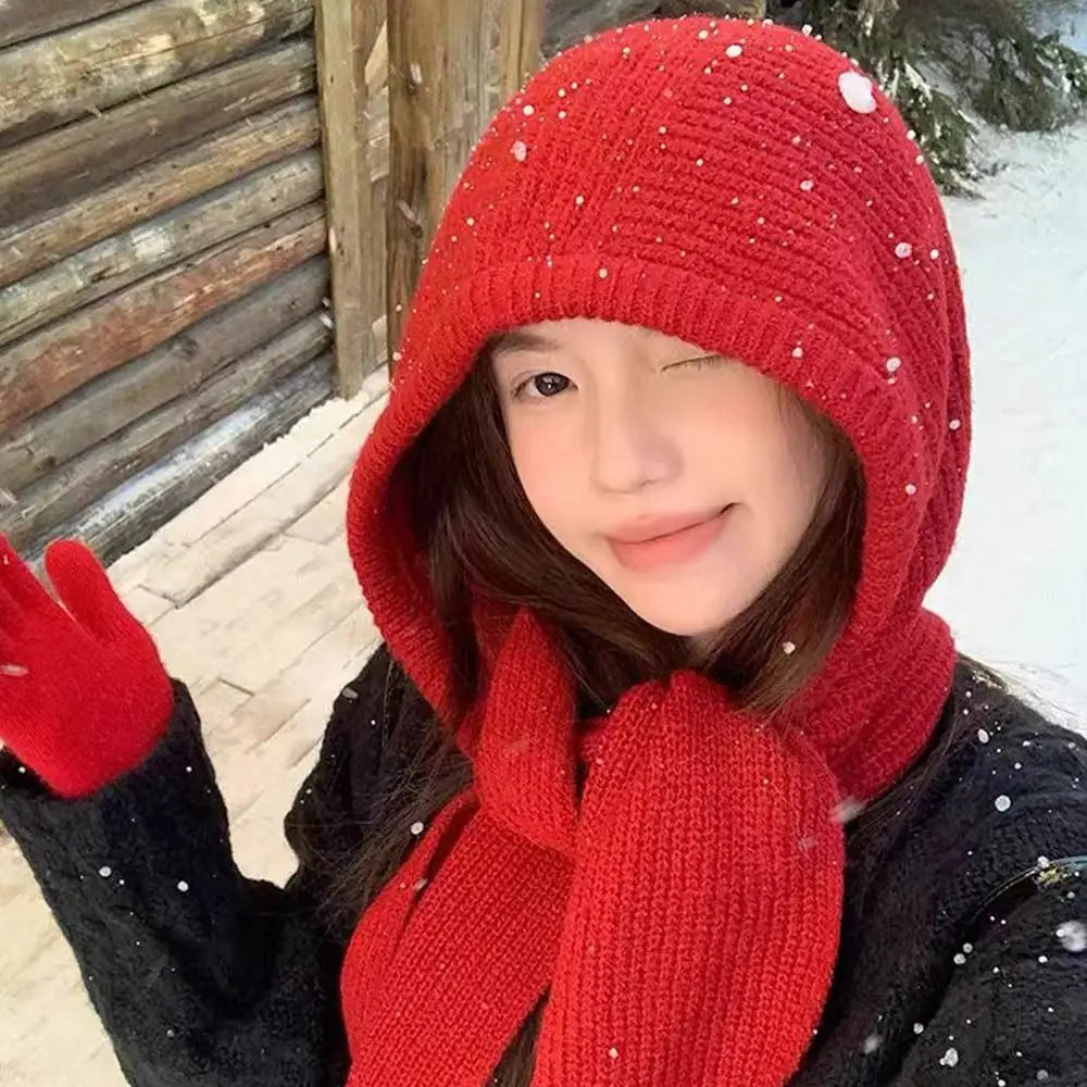 Knitted Winter Balaclava One-Piece Hooded Hat Ear Protection Cap Winter Accessories Thickened Neck Collar Unisex Wear