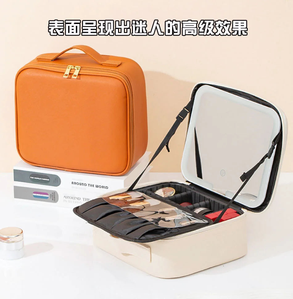 New LED illuminated makeup bag with mirror case, large capacity, high-end feel, portable and handheld