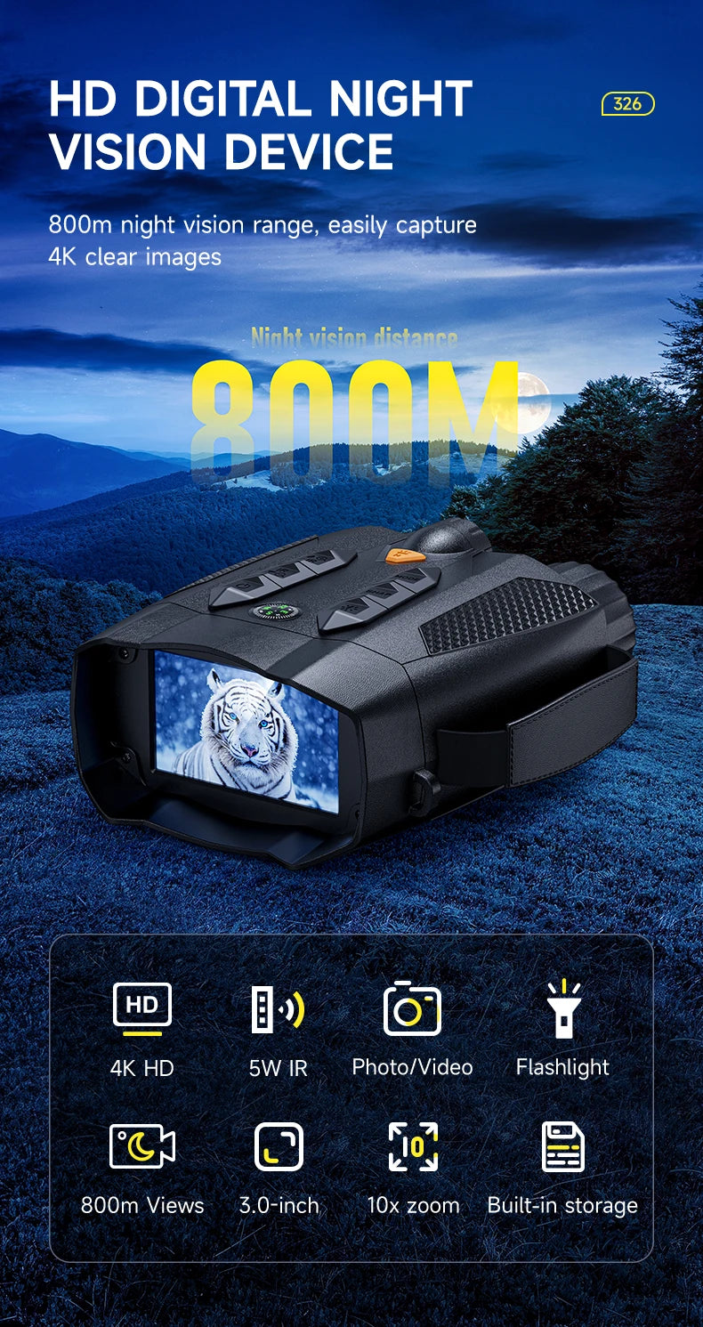 4K HD Night Vision Goggles Binoculars 10X Zoom Infrared 5000mAh Digital Telescope Camera 800M for Outdoor Hunting Camping Tools