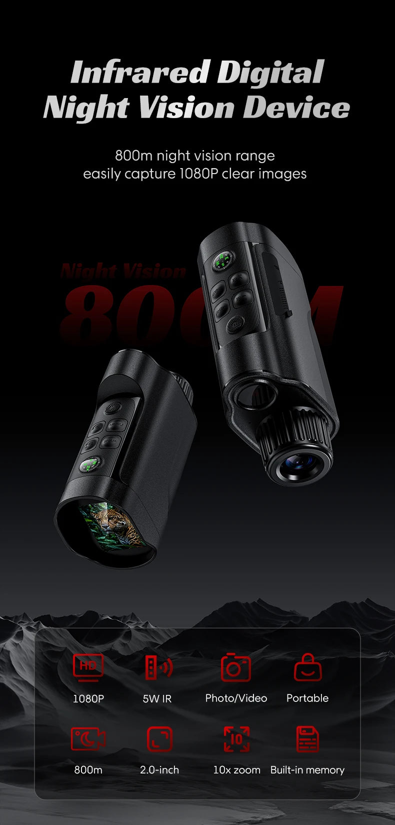 1080P Monocular Infrared Night Vision Device 10X Zoom Day Night Use Photo Video 800M Full Dark Viewing For Hunting Boating