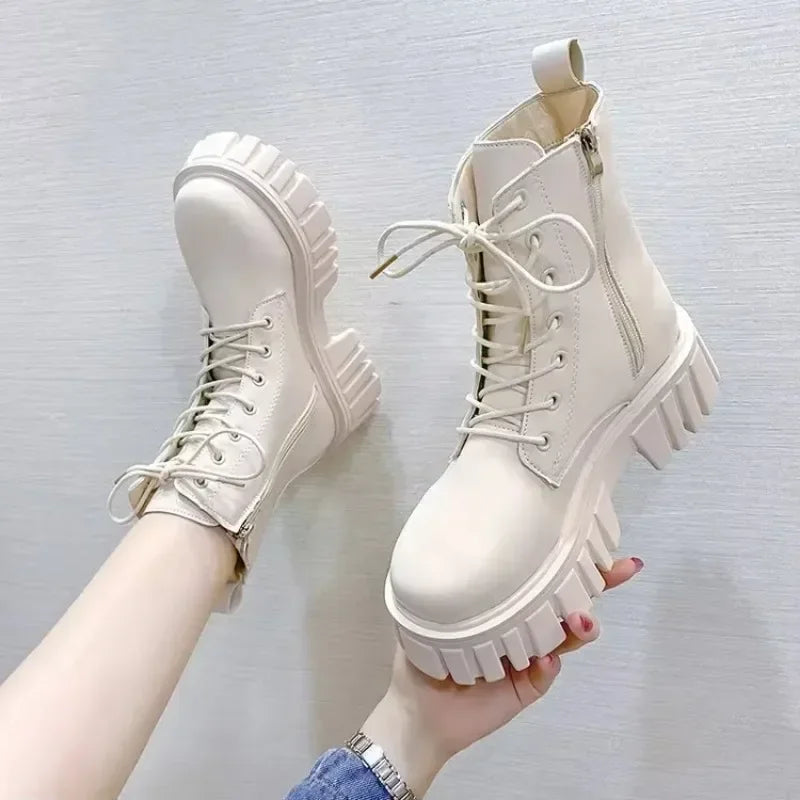 Winter Boots Female 2025 New British Womens Shoes Thick Bottom Mid-calf Single Boots Thick Heeled Casual Ankle Boots for Women