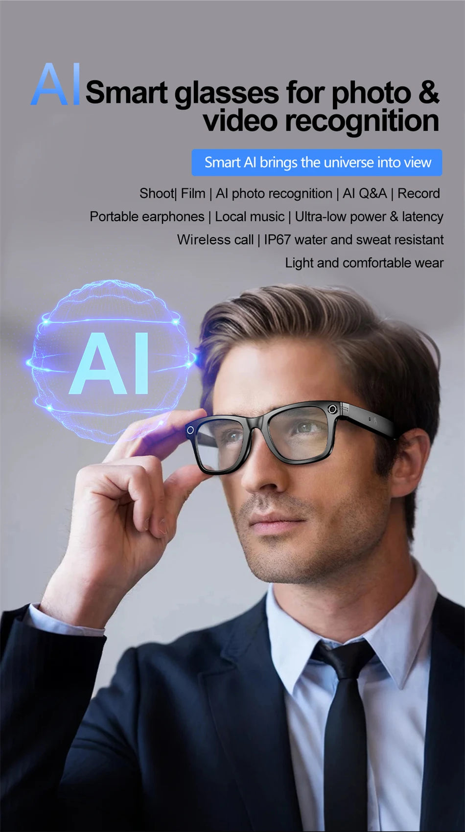 AI Smart Glasses with HD Camera for Photos Videos Hands-Free Vlog Recording Camera Glasses Audio for Driving Outdoor Sunglasses