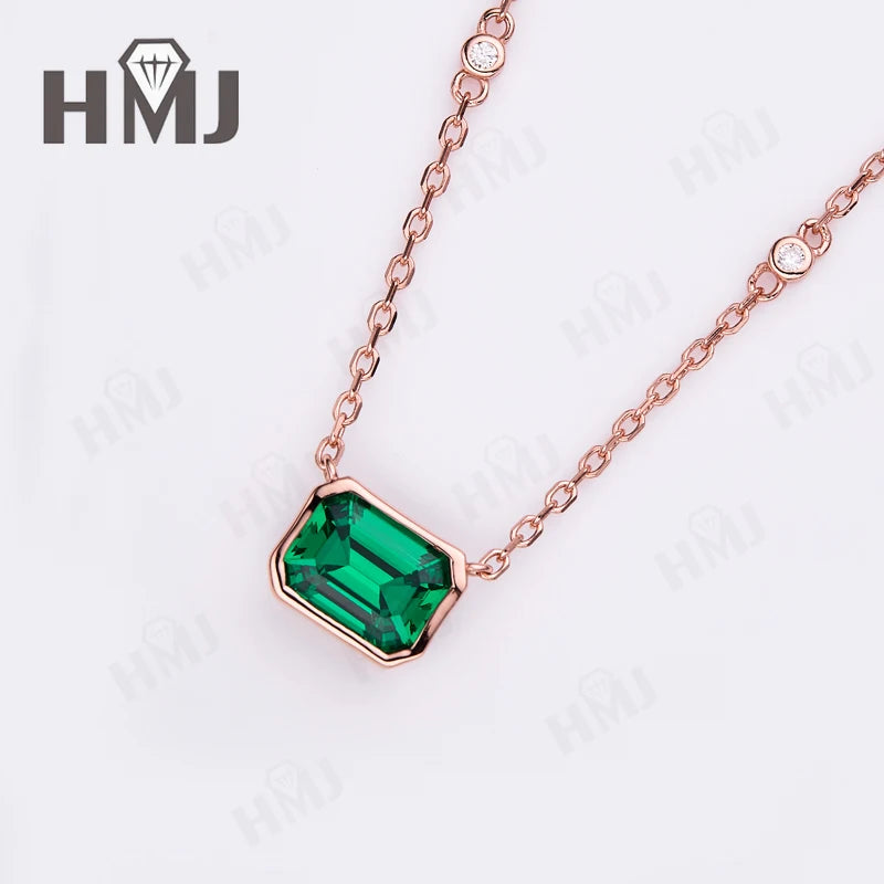 Lab Grown Dimaond and Lab Emerald Necklace for Women Solid 18K 14K 10K 925 Sliver Yellow Gold Emerald Pendant for Anniversary