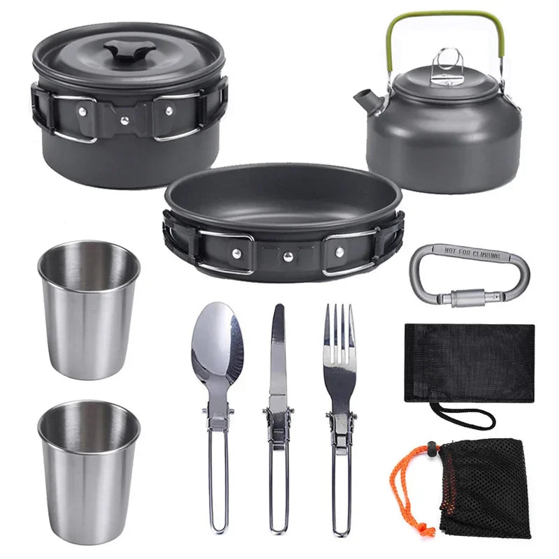Camping Cookware Kit Outdoor Aluminum Cooking Set Water Kettle Pan Pot Travelling Hiking Picnic BBQ Tableware Equipment
