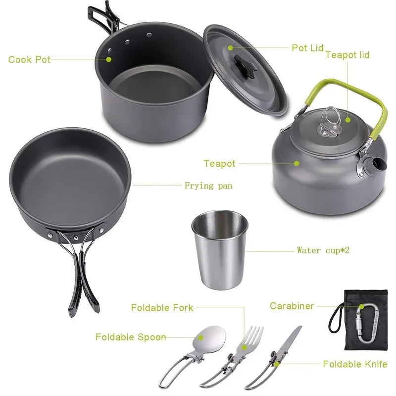 Camping Cookware Kit Outdoor Aluminum Cooking Set Water Kettle Pan Pot Travelling Hiking Picnic BBQ Tableware Equipment