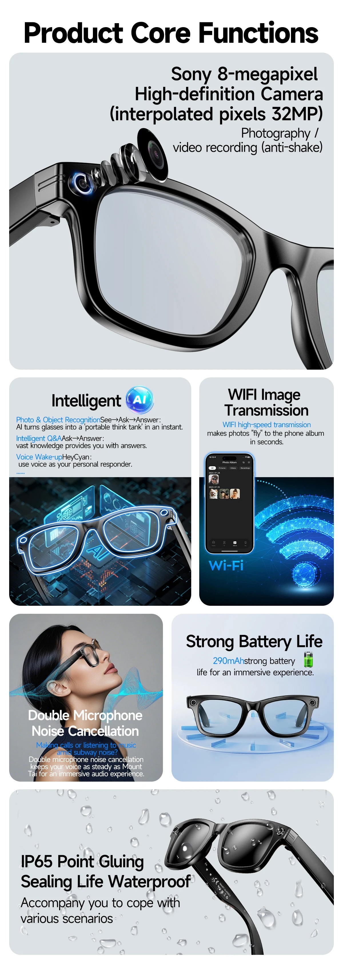 AI Smart Glasses 8K HD Photochromic Multifunction Translate Camera Glasse Bluetooth Call Voice Assistant Music Player Sunglasses