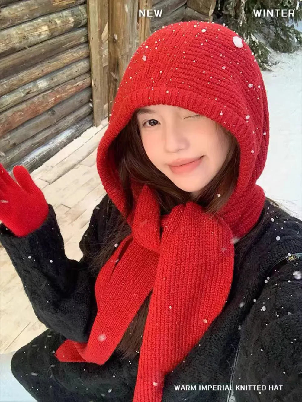 Knitted Winter Balaclava One-Piece Hooded Hat Ear Protection Cap Winter Accessories Thickened Neck Collar Unisex Wear