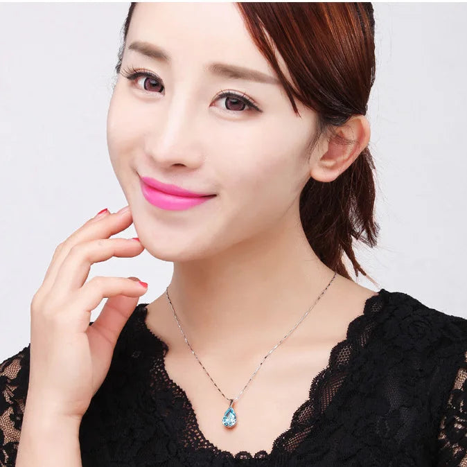 LiHong S925 Sterling Silver Necklace Angel Tears Crystal Blue Topaz Pendant Necklace for Woman Charm Jewelry Gift
