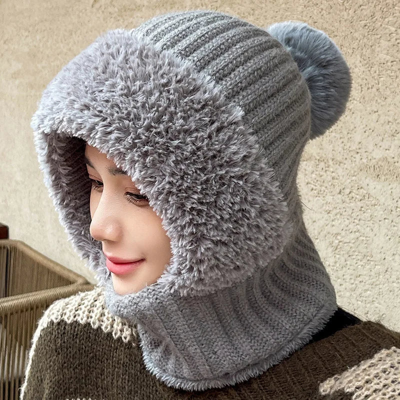 Winter Warm Balaclava Hat Thermal Knitting Plush Face Mask Hooded Neck Warmer for Outdoor Hike Cycling Cold-proof Cap