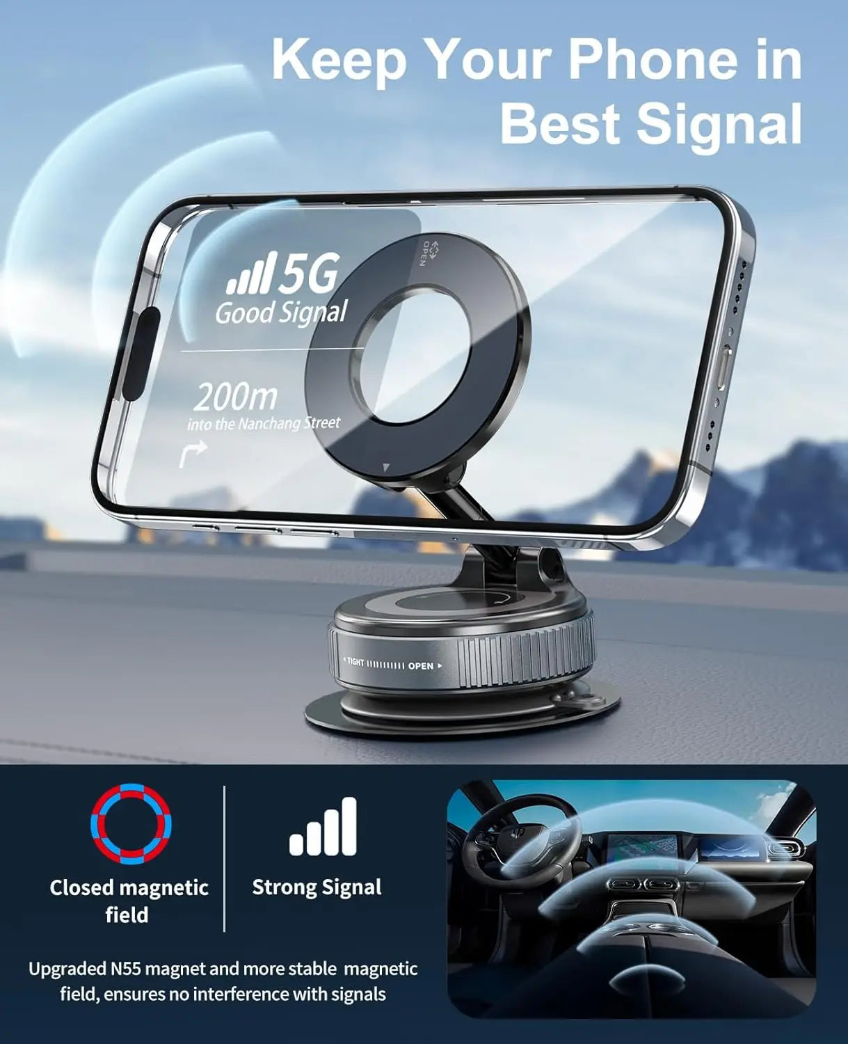 Vacuum Suction Magnetic Phone Holder for Magsafe 360° Adjustable Car Phone Mount & Retractable Vacuum Cell Phone Holders Phones
